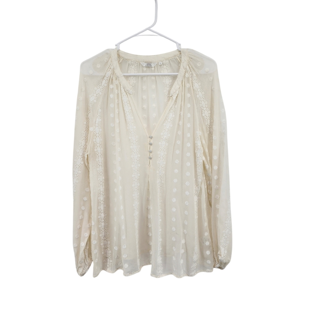 ZOA Women's 100% Silk Sheer Elegant Cream Embroidered Lace Lightweight Blouse